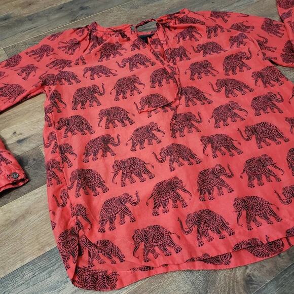 J. Crew Tangerine Safari Elephant Print Split V Neck Pintuck Raglan Top Size 0 - Picture 3 of 11